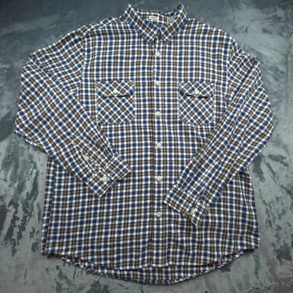 Chaps Denim Mens XL Fitted Blue Brown Plaid Flannel Button Down Shirt Cotton